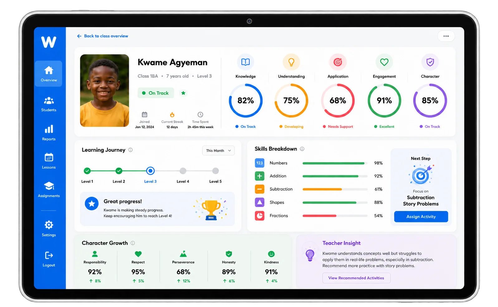 WLearn learner progress dashboard displayed on a tablet