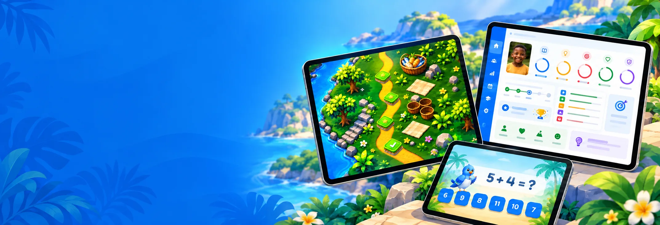 WLearn learning games and progress tools across three tablets