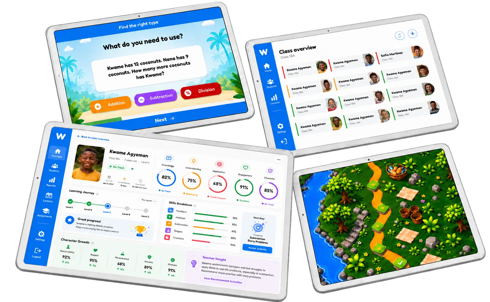 WLearn learning game, classroom overview, learner progress, and adventure map on tablets