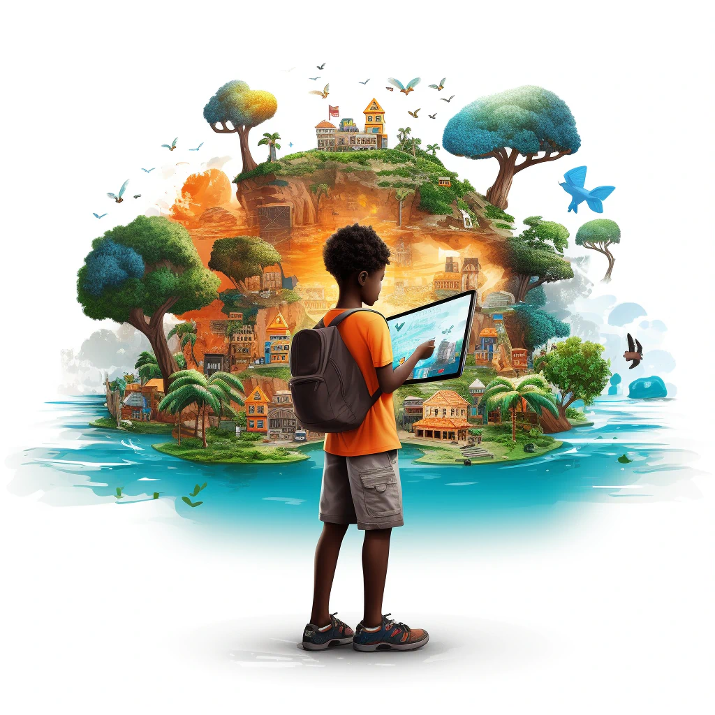 Ghanaian primary student holding a tablet with an e-learning game.